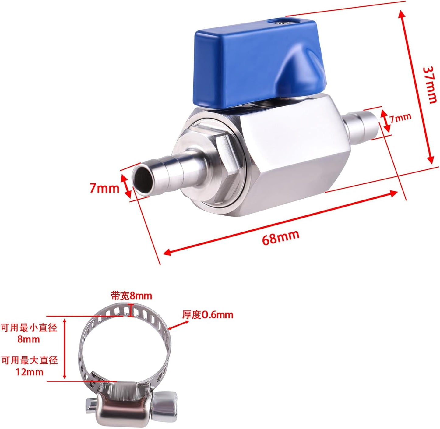 1PC 1/4 inch Hose ID Barb Ball Valve 304 Stainless Steel Mini Shut Off Valve with Clamps Kit for Water Gas Fuel Drip Irrigation and Aquariums