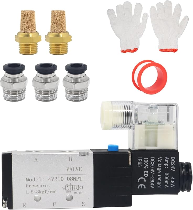 1/4 Inch NPT Solenoid Valve, 4v210-08 DC 12V Single Coil Pilot-Operated, 2 Position 5 Way Connection Outlet Wire, with 3 Fittings, 2 Silencers, and 1 Tape