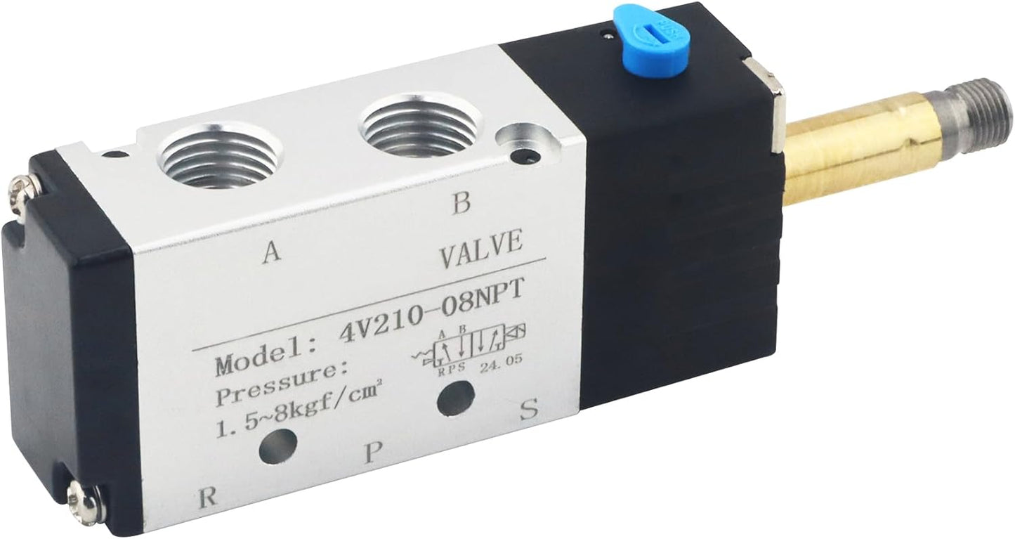 1/4 Inch NPT Solenoid Valve, 4v210-08 DC 12V Single Coil Pilot-Operated, 2 Position 5 Way Connection Outlet Wire, with 3 Fittings, 2 Silencers, and 1 Tape