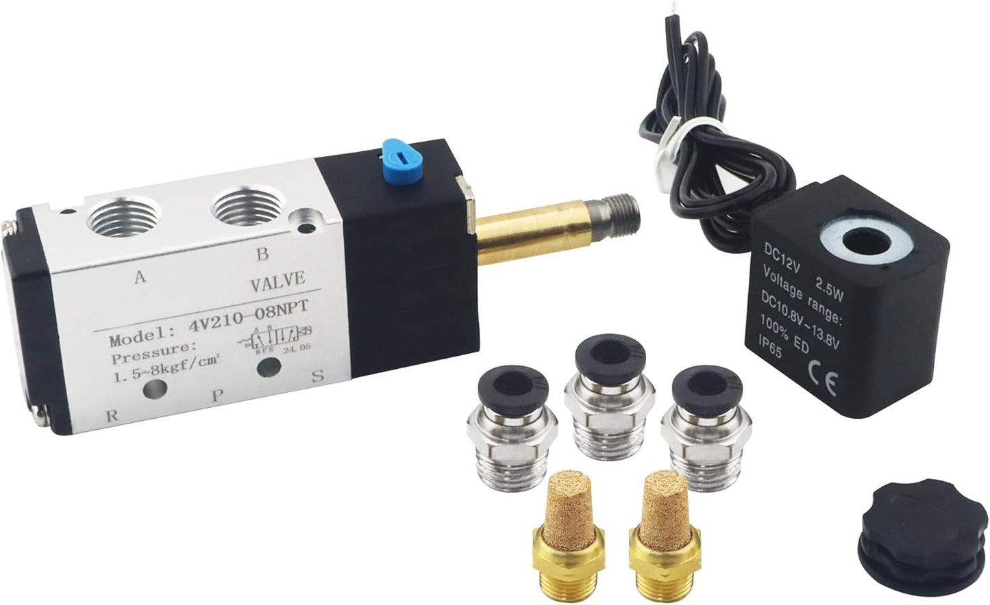 1/4 Inch NPT Solenoid Valve, 4v210-08 DC 12V Single Coil Pilot-Operated, 2 Position 5 Way Connection Outlet Wire, with 3 Fittings, 2 Silencers, and 1 Tape