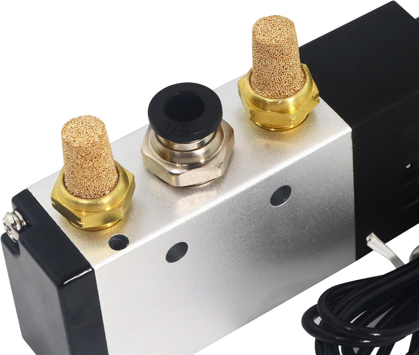 1/4 Inch NPT Solenoid Valve, 4v210-08 DC 12V Single Coil Pilot-Operated, 2 Position 5 Way Connection Outlet Wire, with 3 Fittings, 2 Silencers, and 1 Tape