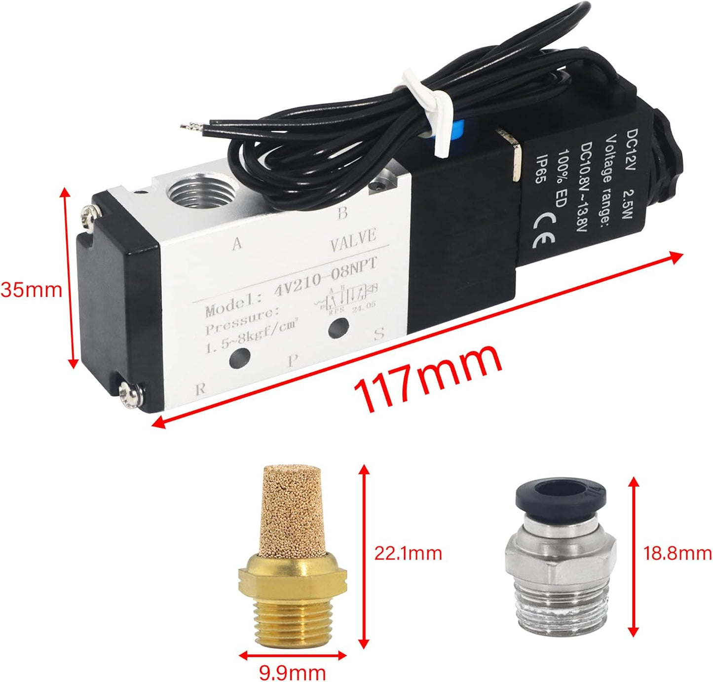 1/4 Inch NPT Solenoid Valve, 4v210-08 DC 12V Single Coil Pilot-Operated, 2 Position 5 Way Connection Outlet Wire, with 3 Fittings, 2 Silencers, and 1 Tape