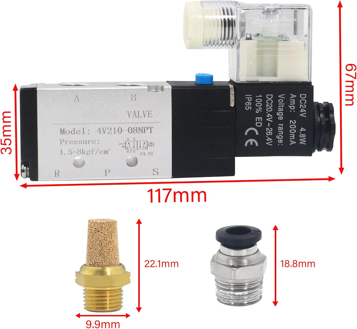 1/4 Inch NPT Solenoid Valve, DC24V, 4V210-08, Single Coil, Pilot-Operated Electric 2 Position 5 Way Connection Type Junction Box