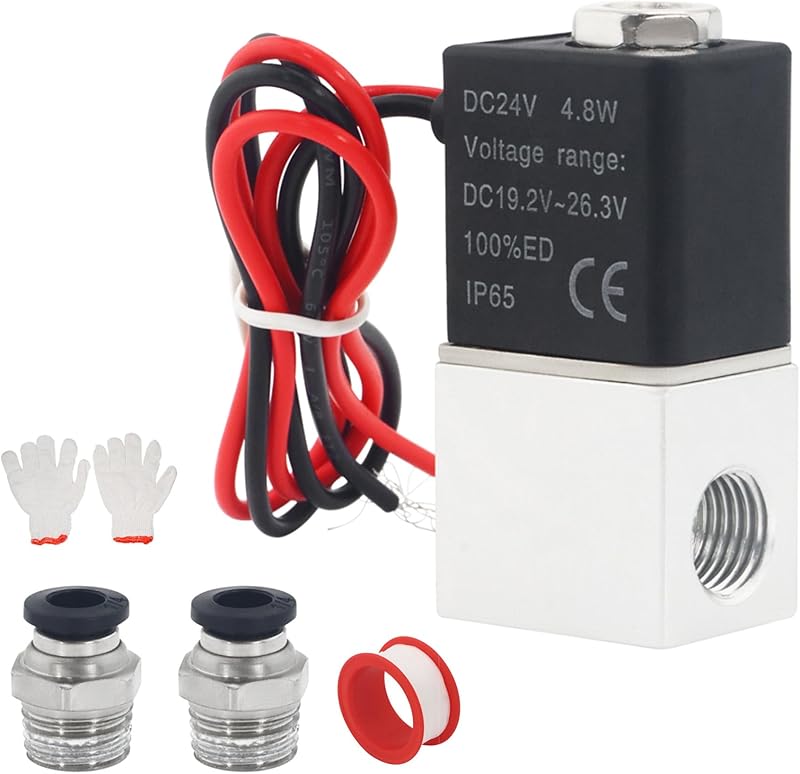1/4" NPT 2 Way 2 Position Normally Closed Electric Solenoid Air Valve, Includes of 2 Fittings, 1 Tape, 1 Pair of Gloves
