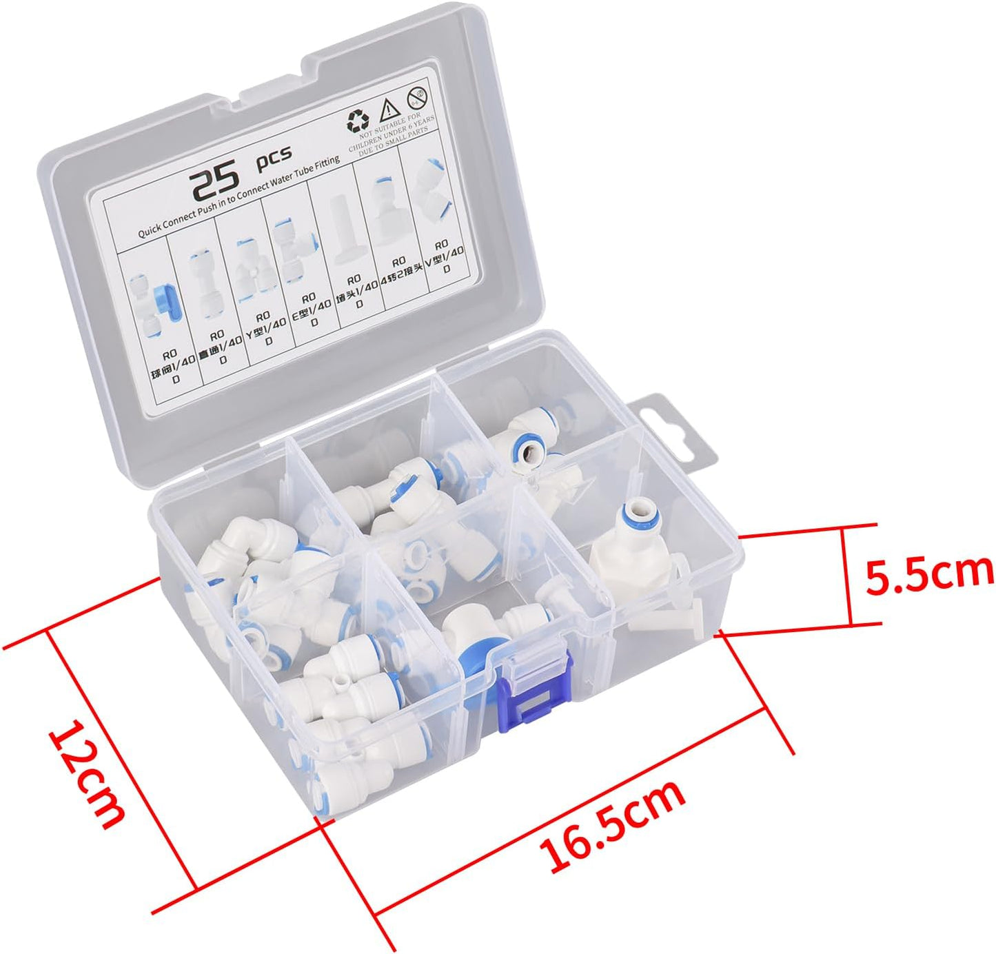 1/4" OD Quick Connect Push in to Connect for RO Water Reverse Osmosis System Water Tube Fitting Set (Ball Valve + L + I + Y + V + E + end caps, 25-Pack)