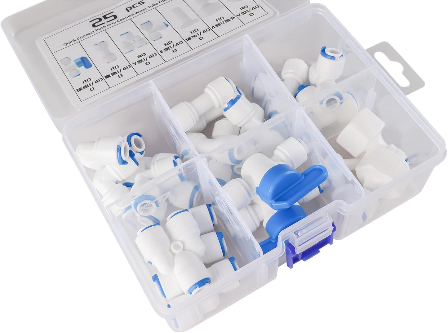 1/4" OD Quick Connect Push in to Connect for RO Water Reverse Osmosis System Water Tube Fitting Set (Ball Valve + L + I + Y + V + E + end caps, 25-Pack)
