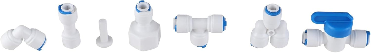 1/4" OD Quick Connect Push in to Connect for RO Water Reverse Osmosis System Water Tube Fitting Set (Ball Valve + L + I + Y + V + E + end caps, 25-Pack)
