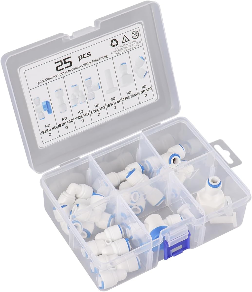 1/4" OD Quick Connect Push in to Connect for RO Water Reverse Osmosis System Water Tube Fitting Set (Ball Valve + L + I + Y + V + E + end caps, 25-Pack)