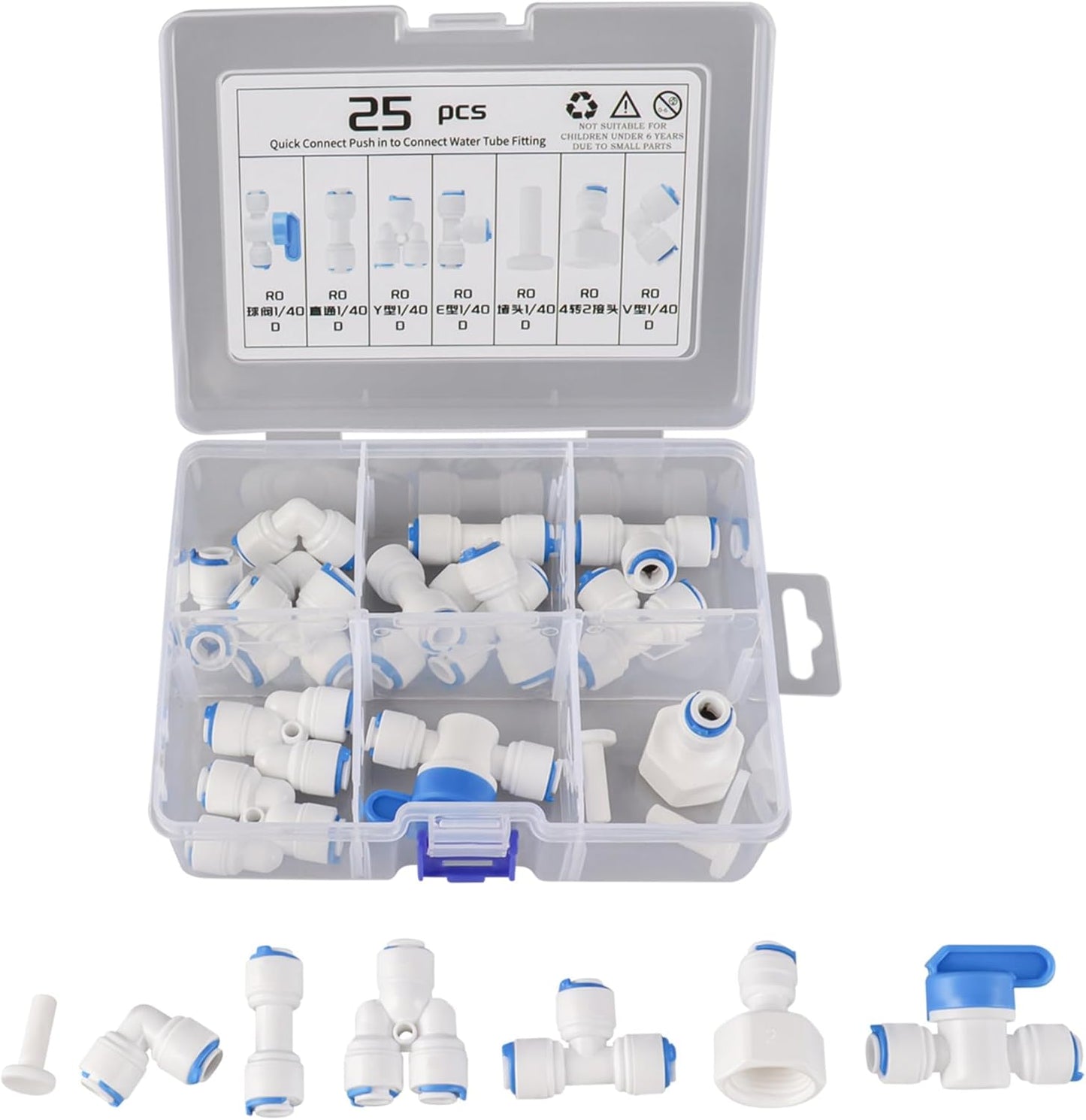 1/4" OD Quick Connect Push in to Connect for RO Water Reverse Osmosis System Water Tube Fitting Set (Ball Valve + L + I + Y + V + E + end caps, 25-Pack)
