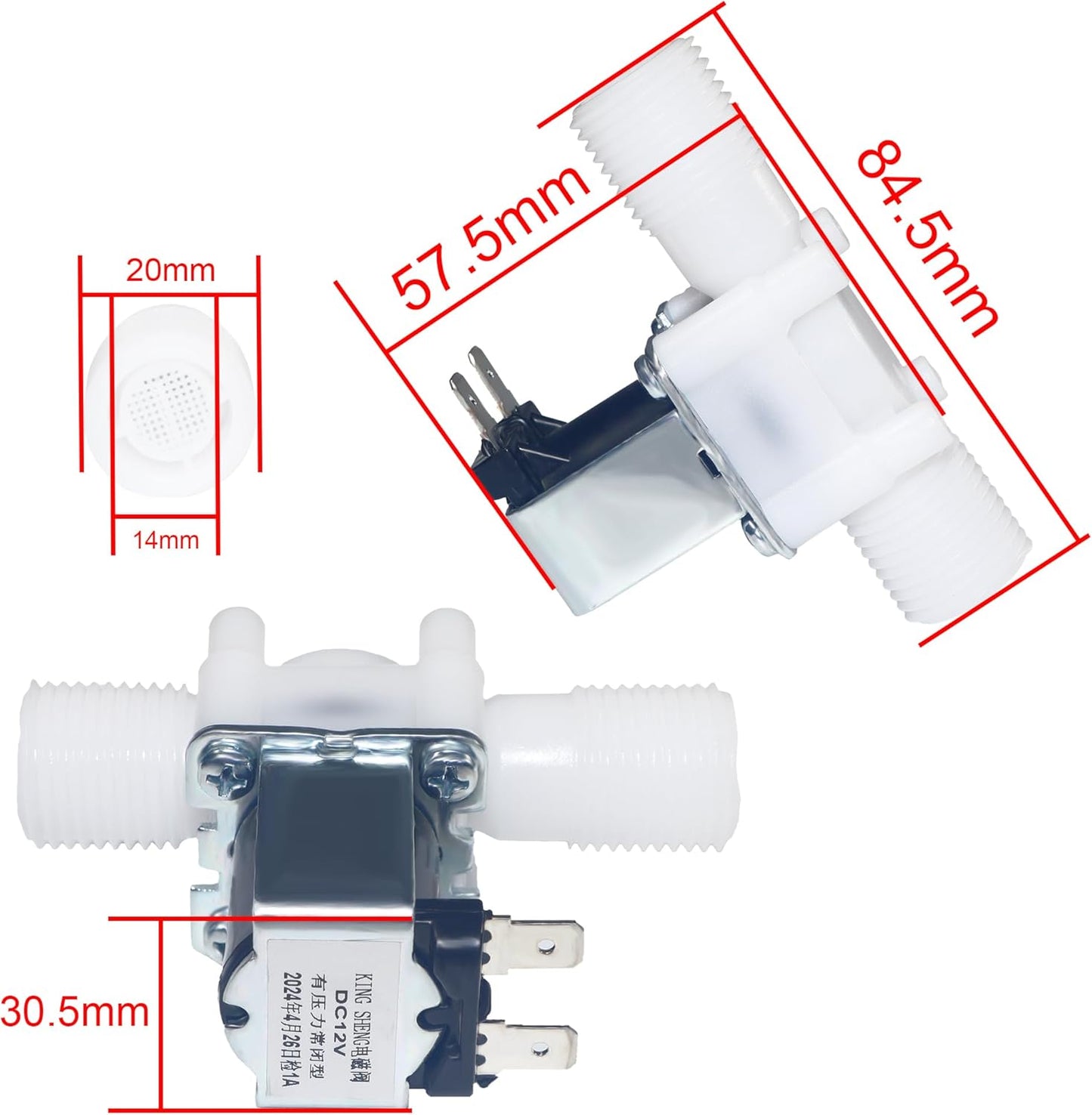 2PCS 1/2" Thread Plastic Electric Solenoid Valve, Water Air Inlet Flow Switch, Normally Closed, DC 12V, N/C 0.02 to 0.8MPa, with 2 Solenoid Valve Caps and 1 Tape