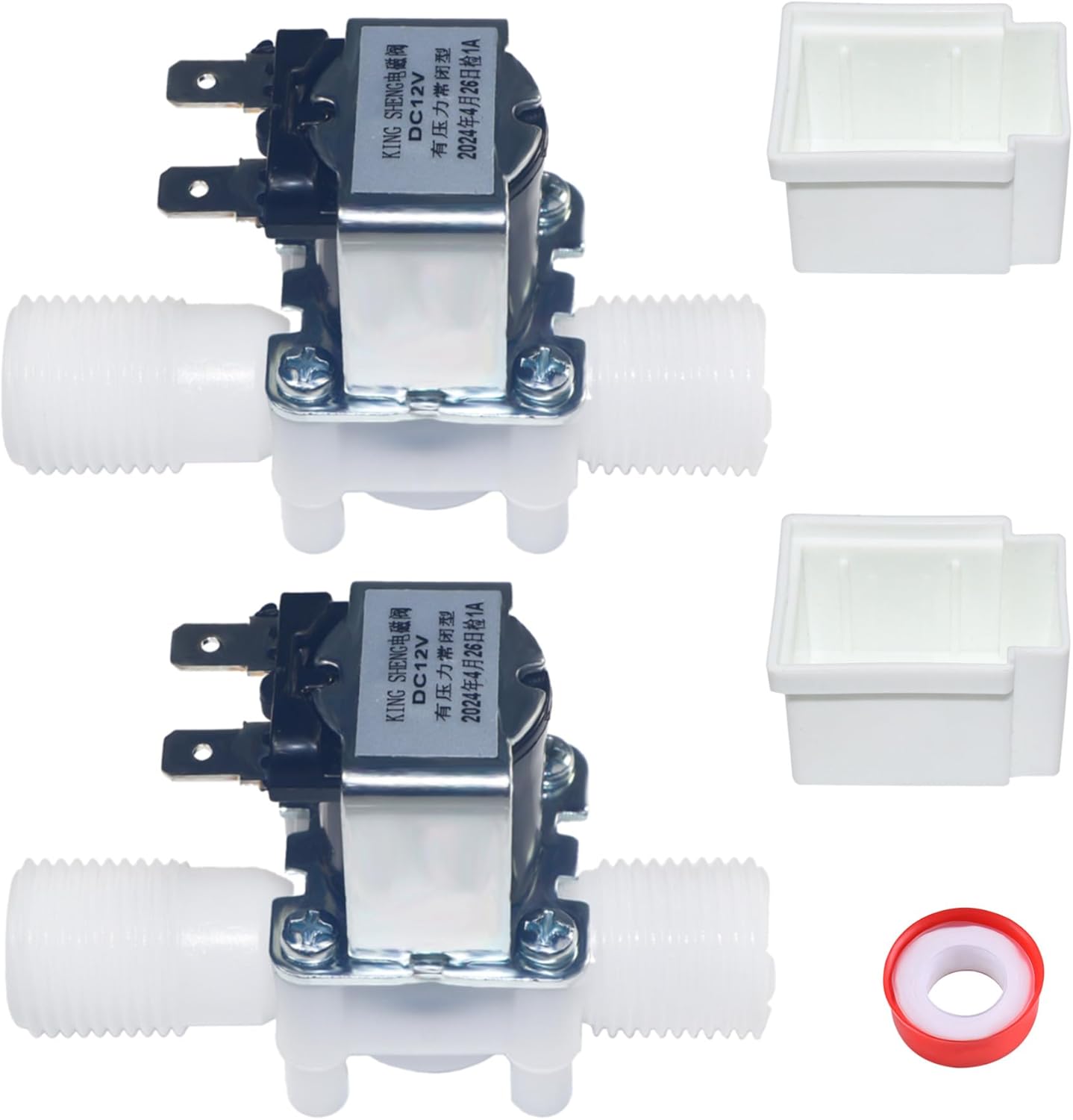 2PCS 1/2" Thread Plastic Electric Solenoid Valve, Water Air Inlet Flow Switch, Normally Closed, DC 12V, N/C 0.02 to 0.8MPa, with 2 Solenoid Valve Caps and 1 Tape