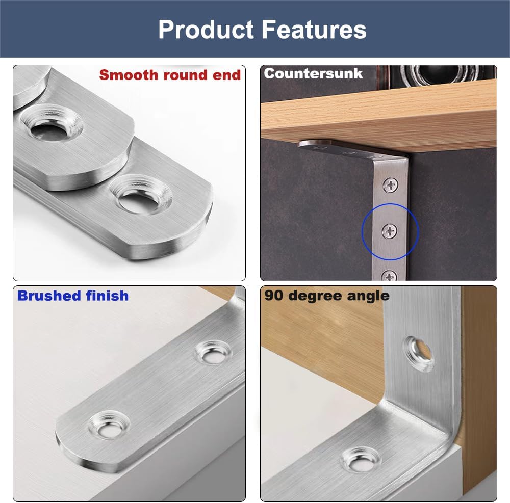 L Bracket Corner Braces, Stainless Steel L Shaped 90 Degree Right Angle Connector Bracket, Corner Bracket for Shelves Wood Furniture Cabinet Chair Drawer with Screws