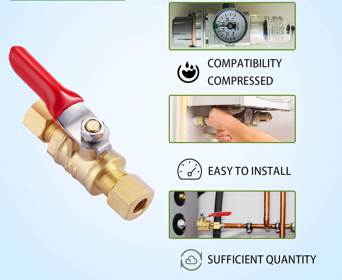 2 Pack Lead-Free Brass Mini Ball Valve Shut Off Switch, 1/4 inch Compression by 1/4 Inch Compression Fitting Shut Off Valve with Switch Use for Refrigerator Water Line Fittings