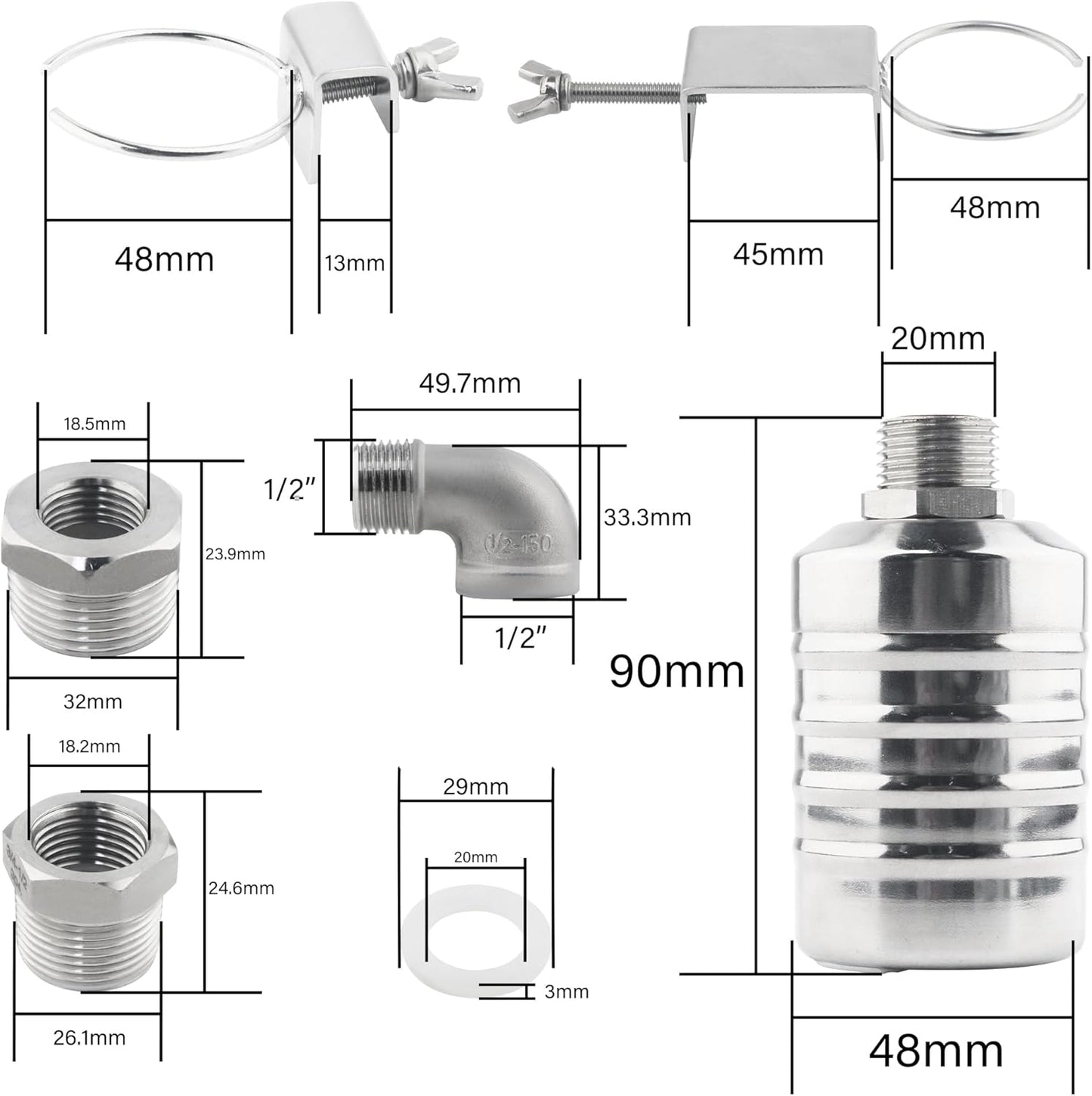 304 Stainless Steel Automatic Water Level Control Valve (1/2"-3/4") with PTFE Tape and Adapters
