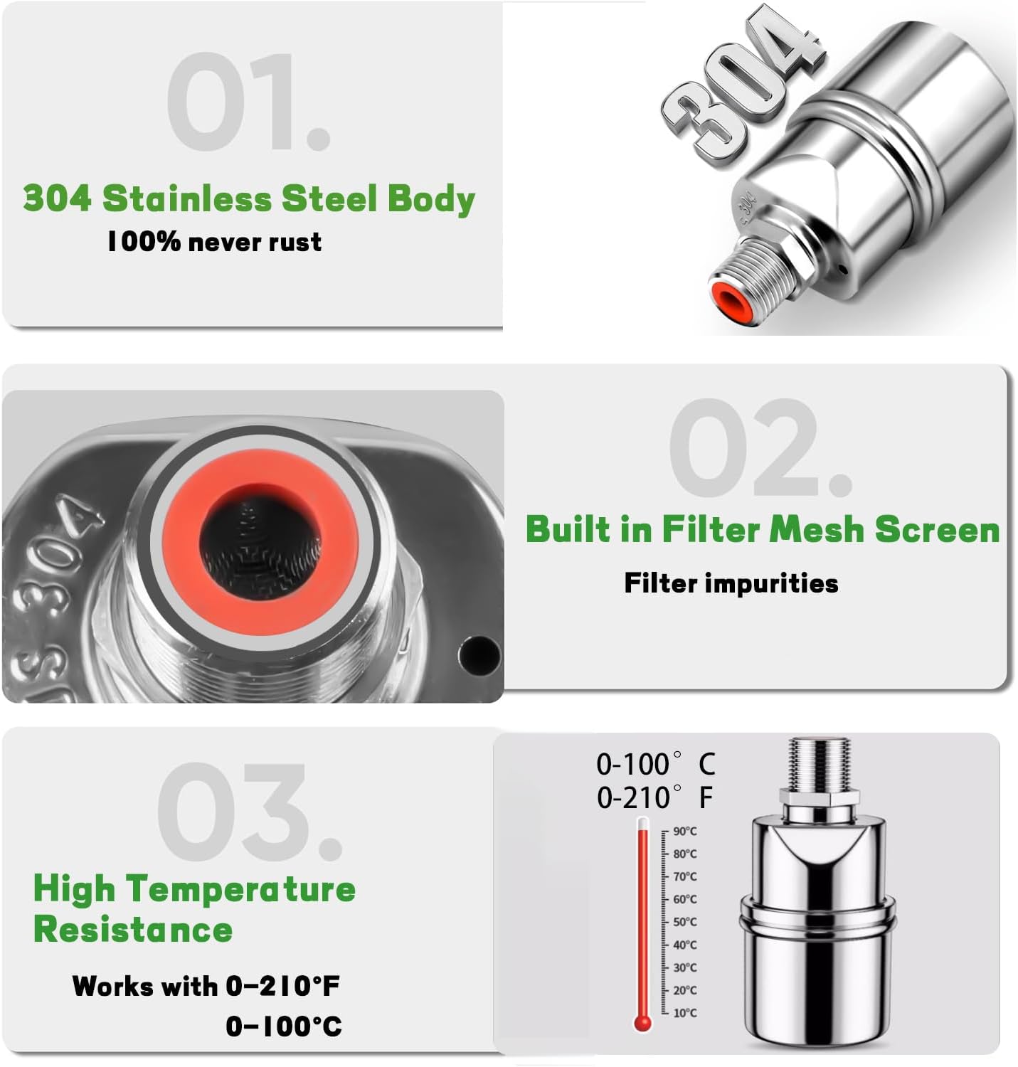 304 Stainless Steel Automatic Water Valve (1/2"-3/4") with PTFE Tape and Adapters