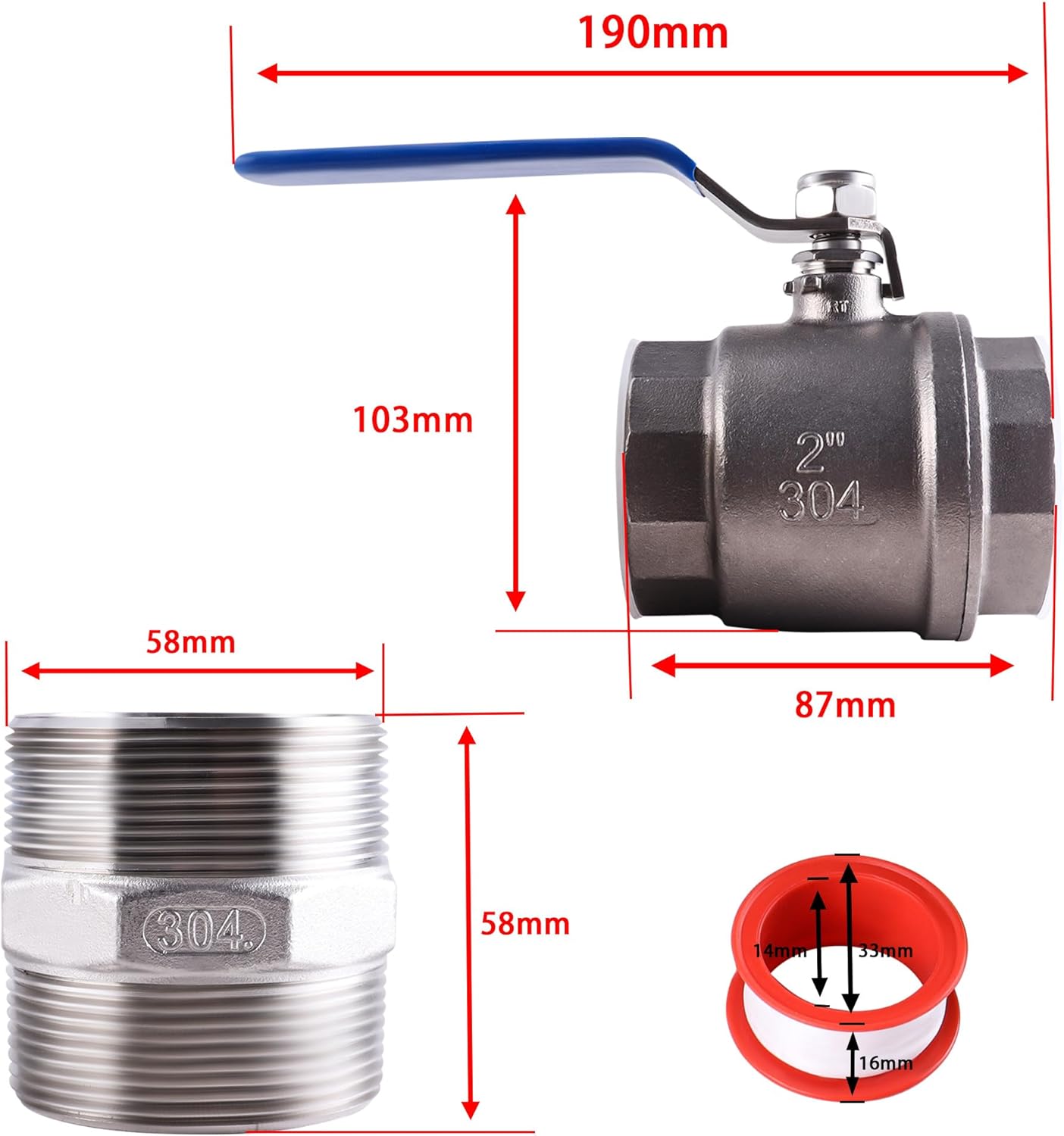 304 Stainless Steel Ball Valve with Blue Vinyl Handle,1000 WOG
