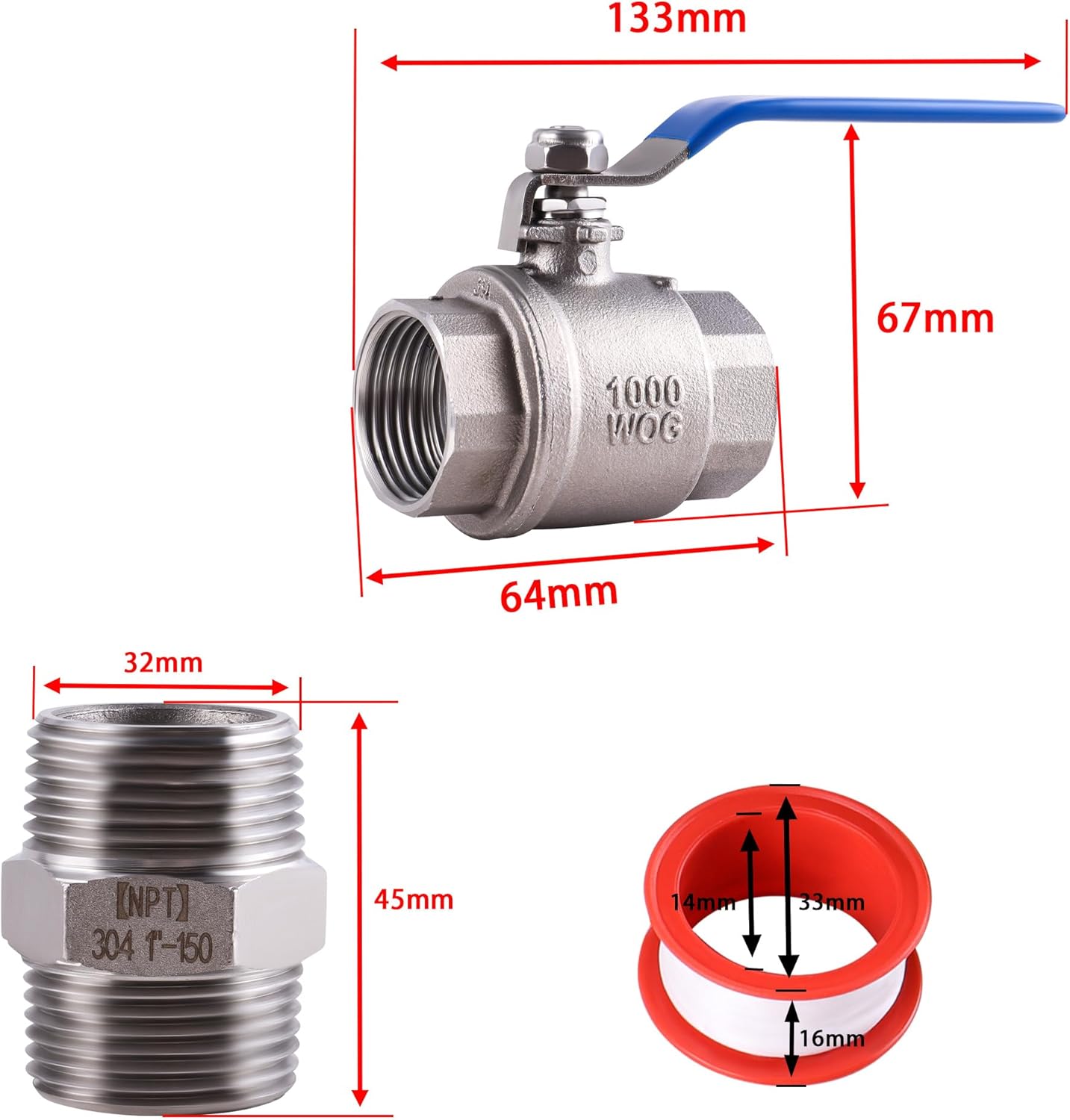 304 Stainless Steel Ball Valve with Blue Vinyl Handle,1000 WOG