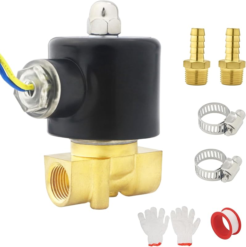 Brass Electric Solenoid Valve, 110V AC, Normally Closed, Includes of 2 Fittings,Tape, 2 Clamps, 1 Pair of Gloves for Non-potable Water, Air, Diesel