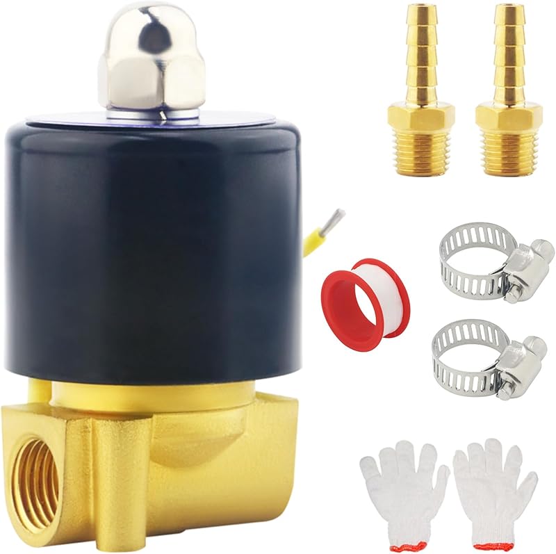 Brass Electric Solenoid Valve, 110V AC, Normally Closed, Includes of 2 Fittings,Tape, 2 Clamps, 1 Pair of Gloves for Non-potable Water, Air, Diesel