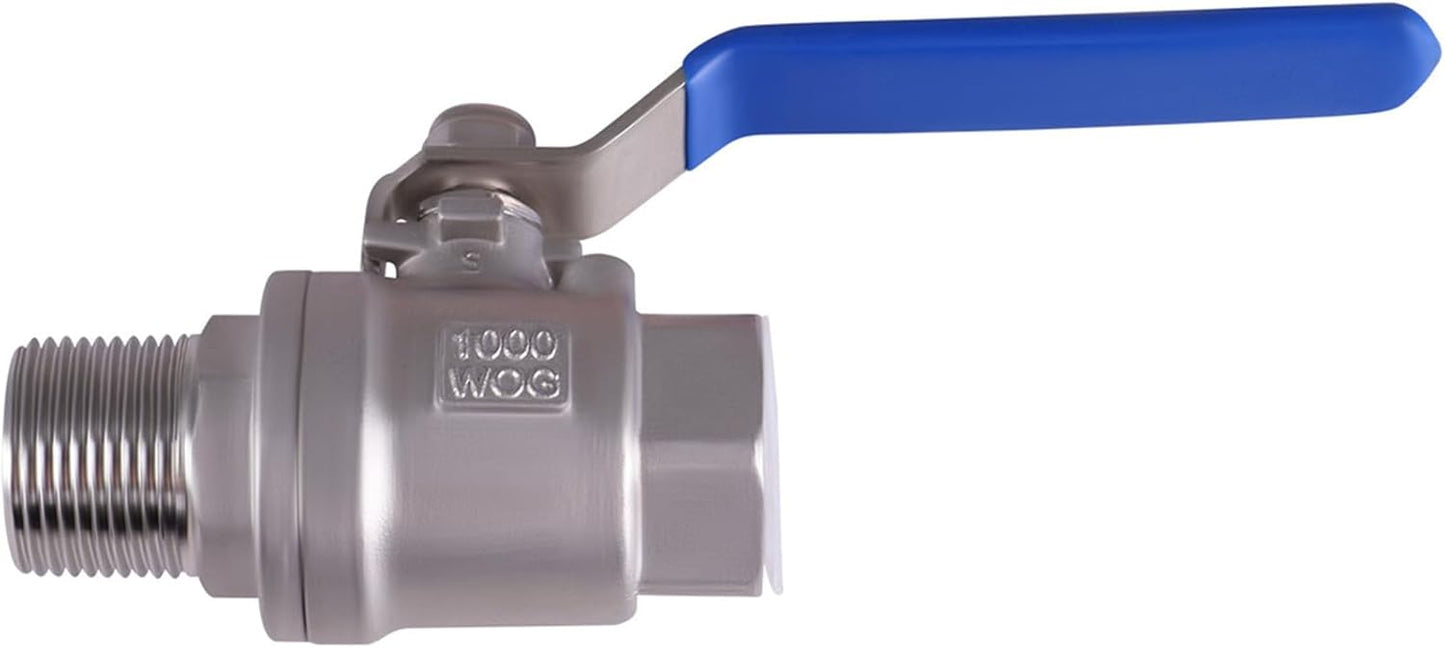 Full Port Ball Valve 3/4 Inch Male x Female Stainless Steel 304 Heavy Duty with Hex Nipple 3/4" Male x 3/4" Male Pipe Fitting and 1 m Tape for Water, Oil, and Gas,1000WOG (3/4 Inch NPT)
