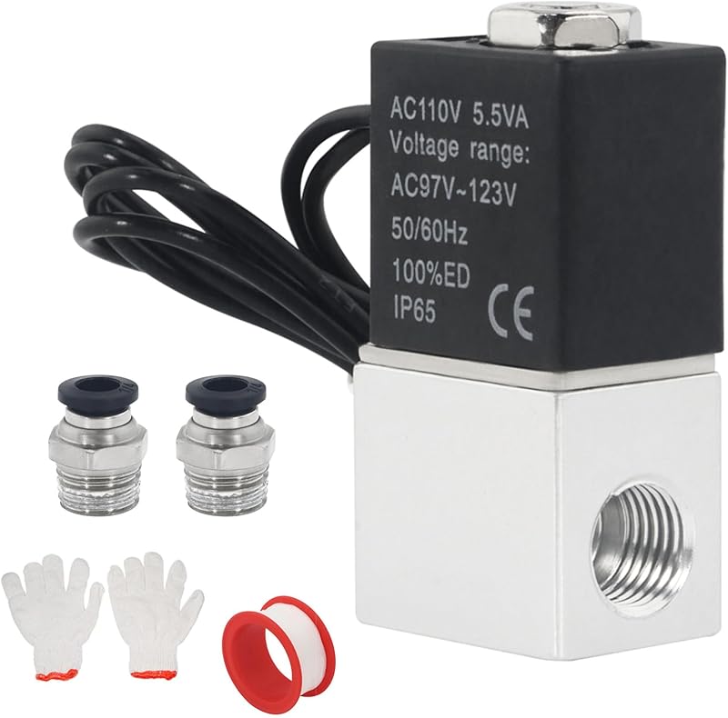 1/4" NPT 2 Way 2 Position Normally Closed Electric Solenoid Air Valve, Includes of 2 Fittings, 1 Tape, 1 Pair of Gloves