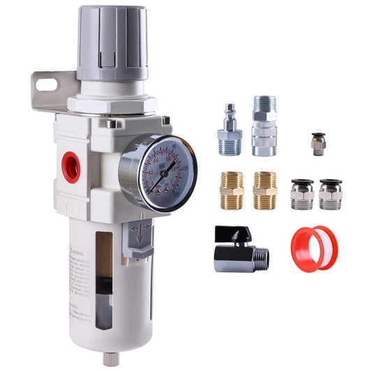 1/2 Inch NPT Air Filter Regulator Combo Piggyback, Air Compressor Water Separator, Air Line Dryer, Semi-Auto Drain, Air Pressure Regulator AW4000-04, 0-150 PSI Gauge