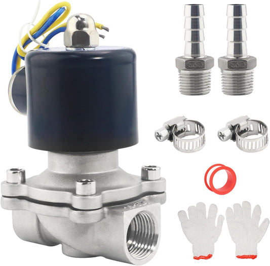 1/2 Inch Stainless Steel Electric Solenoid Valve 110V AC /12V DC Normally Closed, Includes of 2 Fittings, Tape, 2 Clamps, 1 Pair of Gloves for Water, Air, Diesel