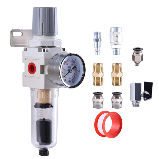 1/4 Inch NPT Air Filter Regulator Combo Piggyback, Air Compressor Water Separator, Air Line Dryer, Automatic Drain, Air Pressure Regulator AW2000-02D, 0-150 PSI Gauge