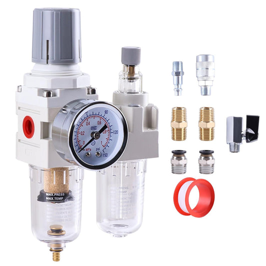 1/4 Inch NPT Compressed Air Filter Regulator Lubricator Combo, Water Oil Trap Separator, Semi-Auto Drain, Air Pressure Regulator AC2010-2, 0-150 PSI Gauge