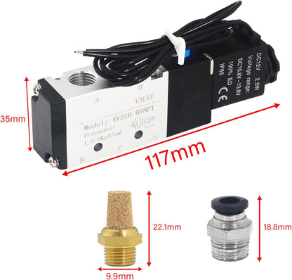 1/4 Inch NPT Solenoid Valve, 4v210-08 DC 12V Single Coil Pilot-Operated, 2 Position 5 Way Connection Outlet Wire, with 3 Fittings, 2 Silencers, and 1 Tape