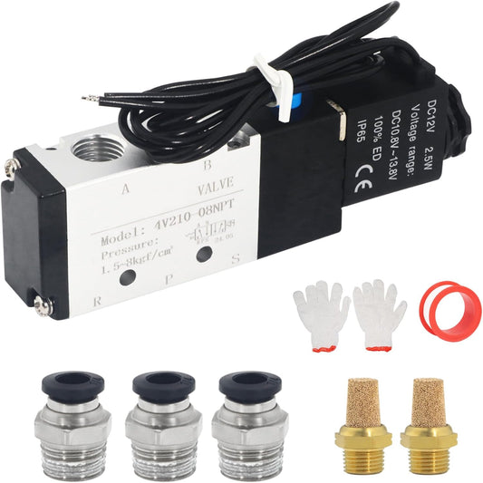 1/4 Inch NPT Solenoid Valve, 4v210-08 DC 12V Single Coil Pilot-Operated, 2 Position 5 Way Connection Outlet Wire, with 3 Fittings, 2 Silencers, and 1 Tape