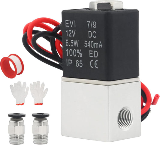 1/8" NPT 2 Way 2 Position Normally Closed DC 12V Electric Solenoid Air Valve, Includes of 2 Fittings, 1 Tape, 1 Pair of Gloves