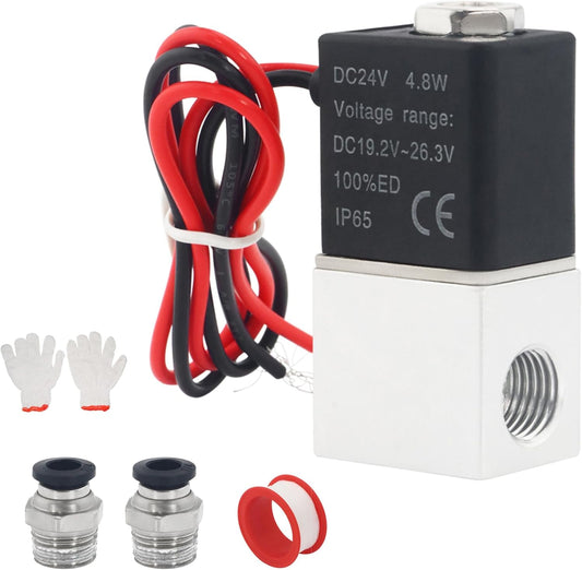 1/4" NPT 2 Way 2 Position Normally Closed  Electric Solenoid Air Valve, Includes of 2 Fittings, 1 Tape, 1 Pair of Gloves