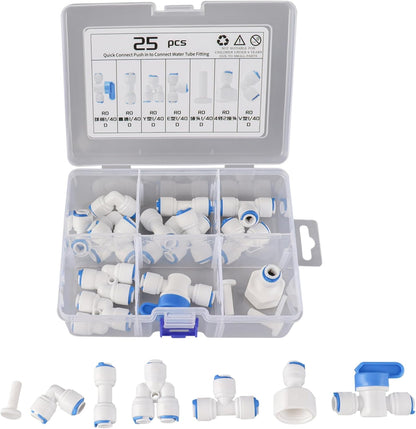 1/4" OD Quick Connect Push in to Connect for RO Water Reverse Osmosis System Water Tube Fitting Set (Ball Valve + L + I + Y + V + E + end caps, 25-Pack)