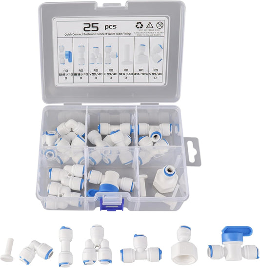 1/4" OD Quick Connect Push in to Connect for RO Water Reverse Osmosis System Water Tube Fitting Set (Ball Valve + L + I + Y + V + E + end caps, 25-Pack)