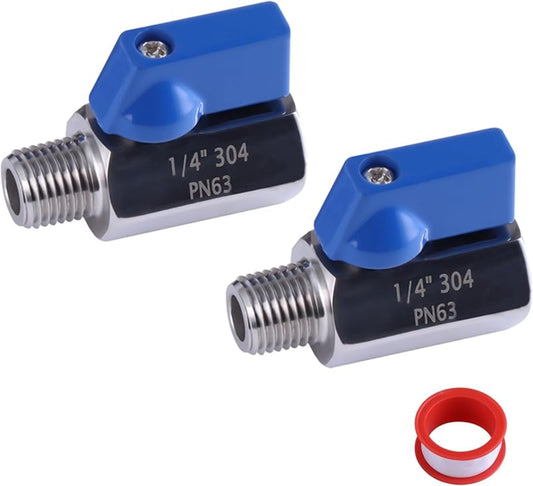 2-Pack 304 Stainless Steel Mini Ball Valves | 1/2” or 1/4” NPT Threads with Seal Tape