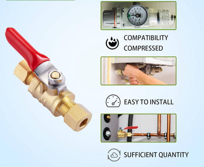 2 Pack Lead-Free Brass Mini Ball Valve Shut Off Switch, 1/4 inch Compression by 1/4 Inch Compression Fitting Shut Off Valve with Switch Use for Refrigerator Water Line Fittings