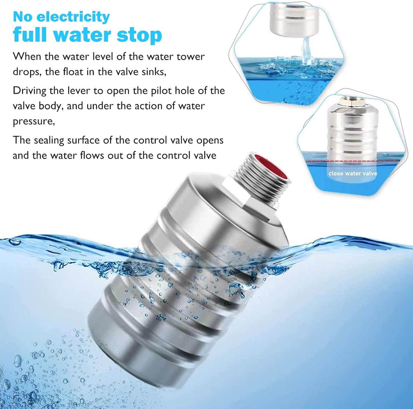 304 Stainless Steel Automatic Water Level Control Valve (1/2"-3/4")  with PTFE Tape and Adapters