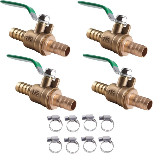 4 PCS 3/8 inch brass mini shut off ball barb valve with clamps kit for Water Air Fuel Line Oil