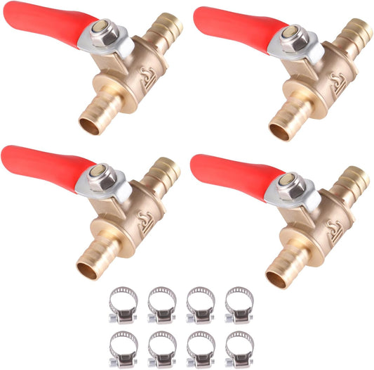 4 Pcs Brass Water Ball Valve 5/16" Hose ID Shut Off Valve Hose Barb Tubing Connector Switch with 180 Degree Operation Handle, Pipe Tubing Fitting for Air, Water Pipes(With Clamp Kits)