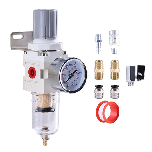 1/4 Inch NPT Air Filter Regulator Combo Piggyback, Air Compressor Water Separator, Air Line Dryer, Semi-Auto Drain, Air Pressure Regulator AW2000-02, 0-150 PSI Gauge