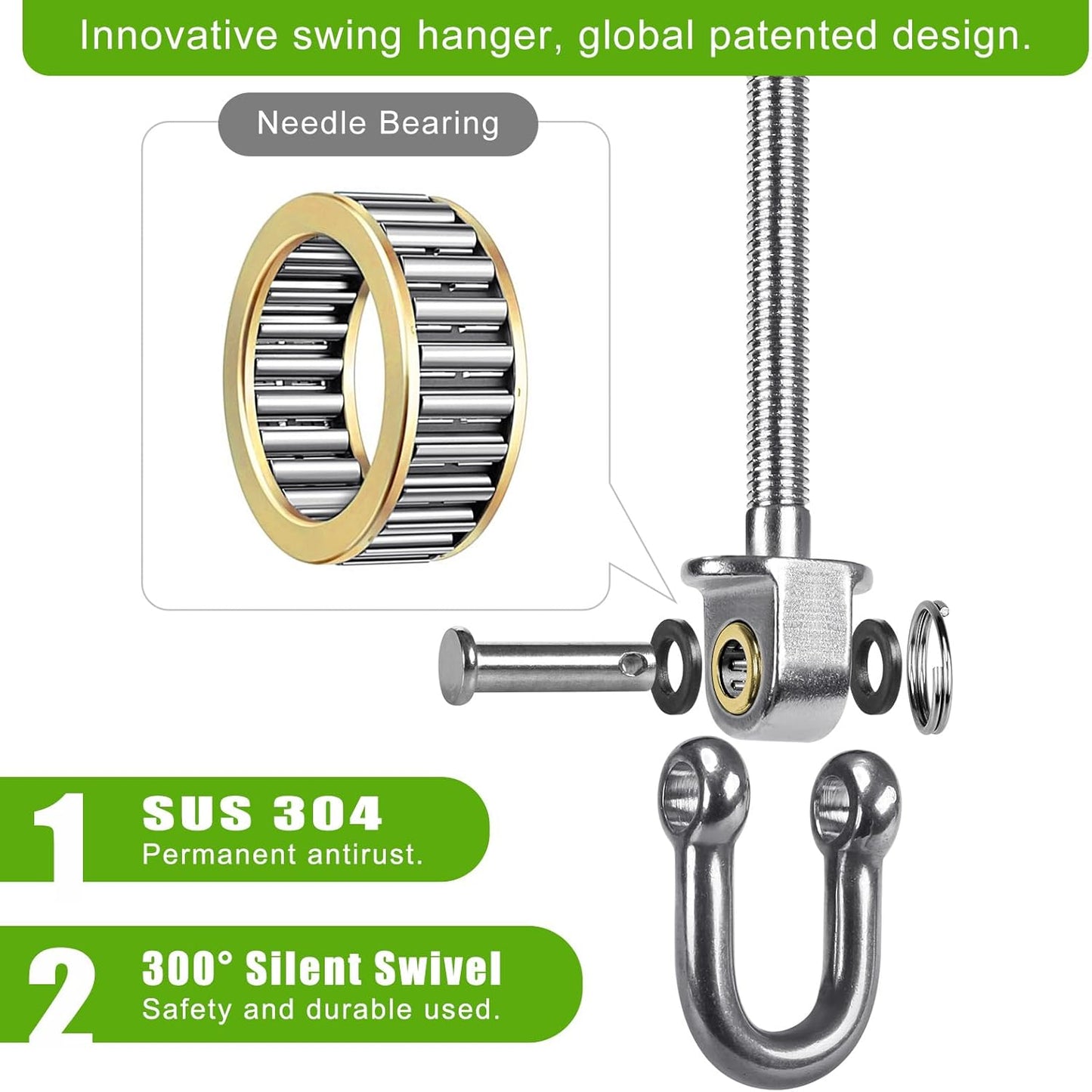 Heavy Duty Swing Hanger, Set of 2 Stainless Steel 304 M8 x 9.3 inch Swing Hooks, 250KG Capacity, Swing Bolts for Wood and Steel Beam Yoga Hammock Chair Punching Bag Porch Swing Sets Seat（EU）