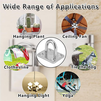 Square Pad Eye Hooks, Heavy Duty 304 Stainless Steel Pad Eye Hooks with Screws, Marine Grade Hardware Hooks for Outdoor Indoor Activity