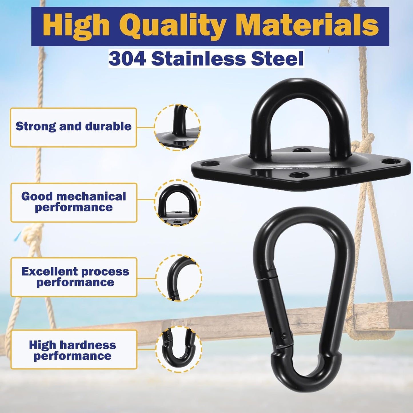 2PCS M10 Pad Eye Hooks Heavy Duty 304 Stainless Steel Pad Eye Hooks with Snap Hooks and Screws, Marine Grade Hardware Hooks for Hammock Hanging Kit, Swing Hanging, Wall/Ceiling Mount