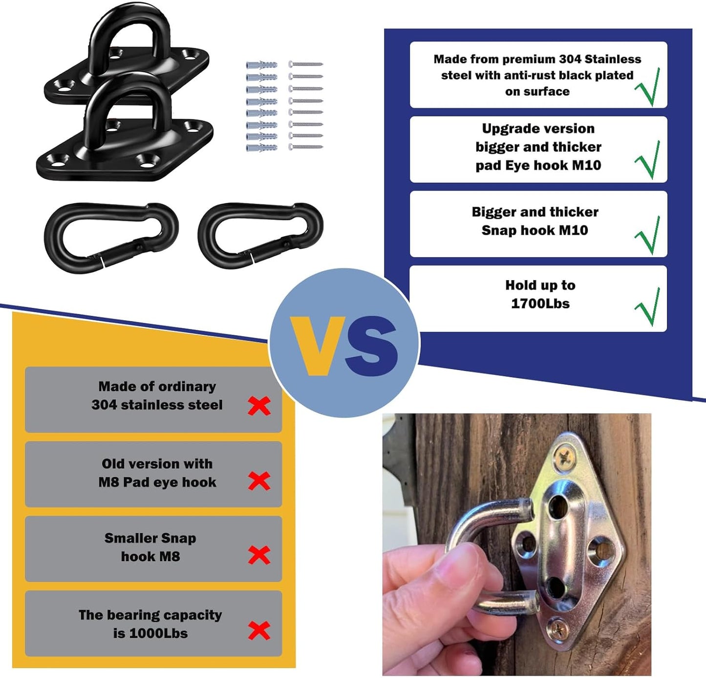 2PCS M10 Pad Eye Hooks Heavy Duty 304 Stainless Steel Pad Eye Hooks with Snap Hooks and Screws, Marine Grade Hardware Hooks for Hammock Hanging Kit, Swing Hanging, Wall/Ceiling Mount