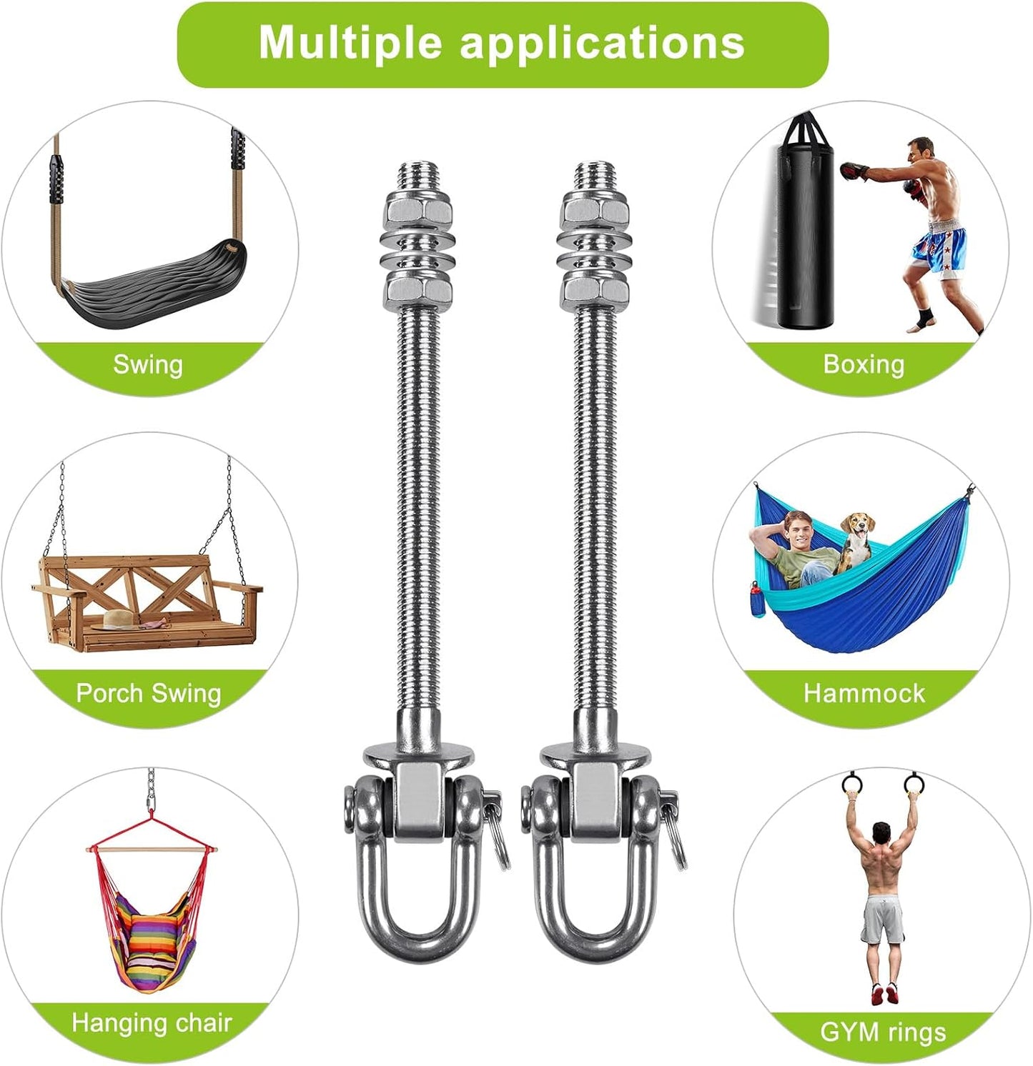Heavy Duty Swing Hanger, Set of 2 Stainless Steel 304 M8 x 9.3 inch Swing Hooks, 250KG Capacity, Swing Bolts for Wood and Steel Beam Yoga Hammock Chair Punching Bag Porch Swing Sets Seat（EU）