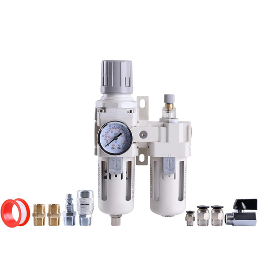 Air Compressor Filter Regulator Combo 3/8 Inch NPT 2 in 1 Water Oil Separator Air Tool Compressor Filter with Pressure Gauge, Semi-Auto Drain, AC3010-3