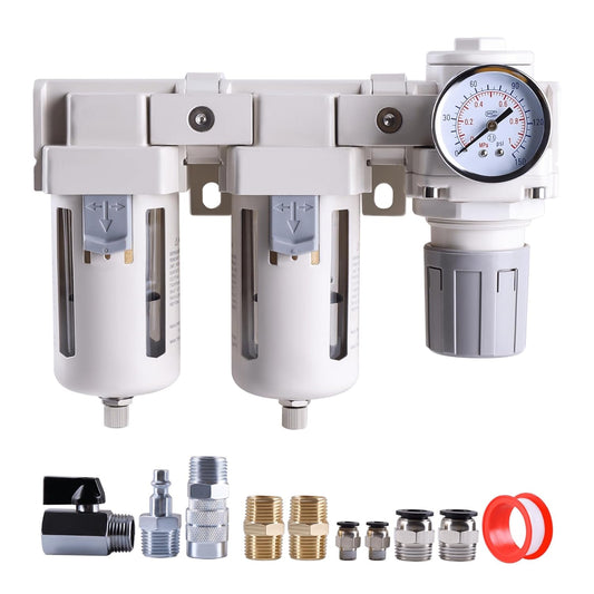 Air Drying System 1/2 Inch NPT Air Compressor Filter Regulator Combo, Air Compressor Water Separator, Double Air Filters, with Pressure Gauge, Semi-Auto Drain, AF4000+AF4000+AR4000-04