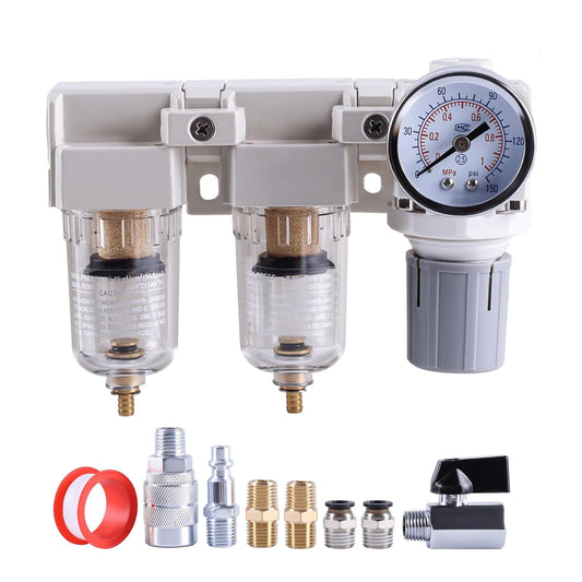 Air Drying System 1/4 Inch NPT Air Compressor Filter Regulator Combo, Air Compressor Water Separator, Double Air Filters, with Pressure Gauge, Semi-Auto Drain, AF2000+AF2000+AR2000-02