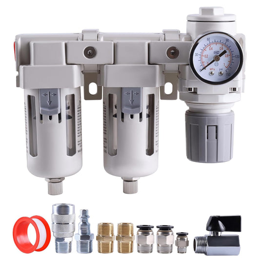 Air Drying System 3/8 Inch NPT Air Compressor Filter Regulator Combo, Air Compressor Water Separator, Double Air Filters, with Pressure Gauge, Semi-Auto Drain, AF3000+AF3000+AR3000-03